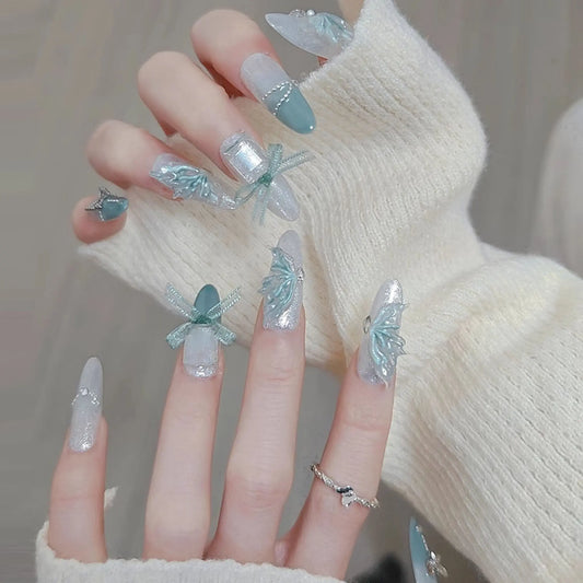 Y2K-Inspired Mirror Chrome Nails Kit - Viral Glazed Metallic Ombre & 3D Crystal Accents - TikTok-Worthy Press-On Manicure Set strobelitenails