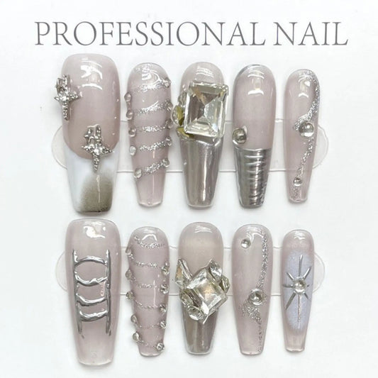 Y2K-Inspired Mirror Chrome Nails Kit - Viral Glazed Metallic Ombre & 3D Crystal Accents - TikTok-Worthy Press-On Manicure Set（复制） strobelitenails